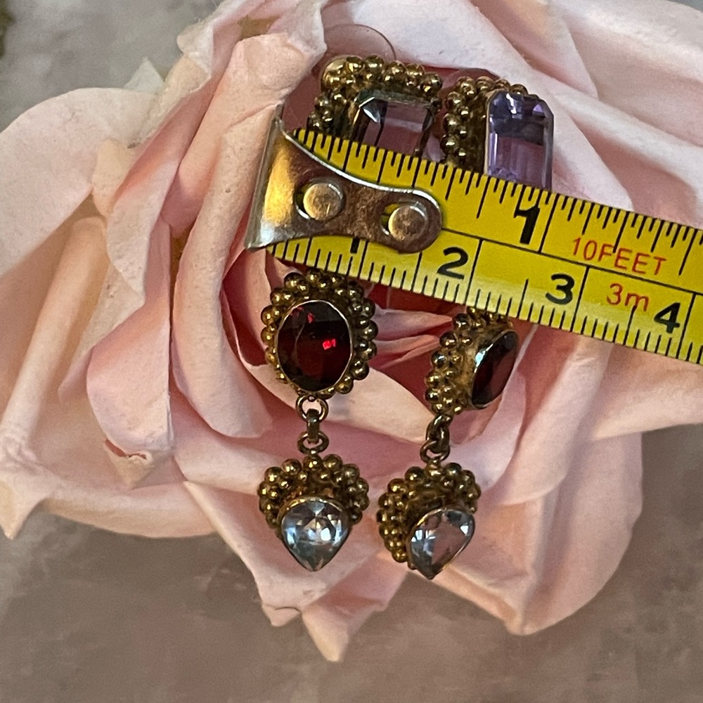 Vintage amethyst, garnet and blue topaz earrings set in gold plated SS. - Picture 5 of 7